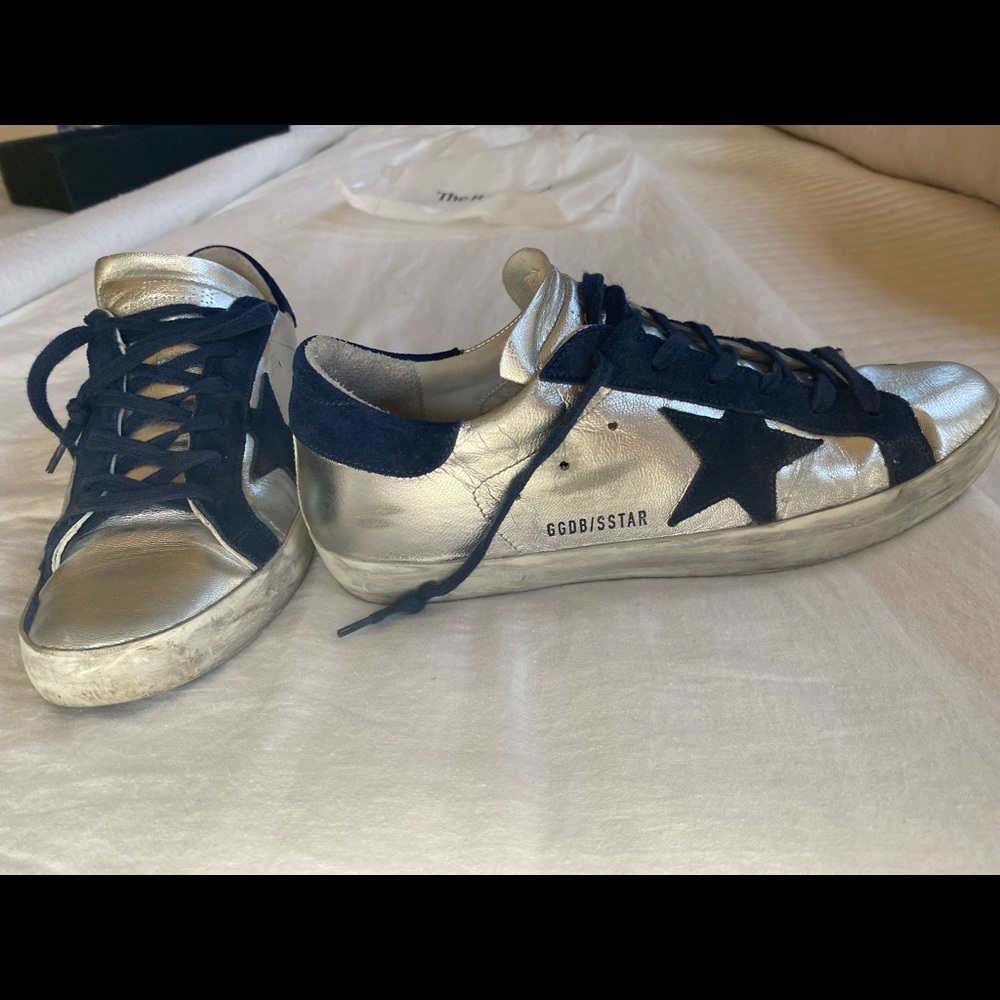 Golden Goose Deluxe Brand Sneakers. Metallic Silver and Navy Blue suede.